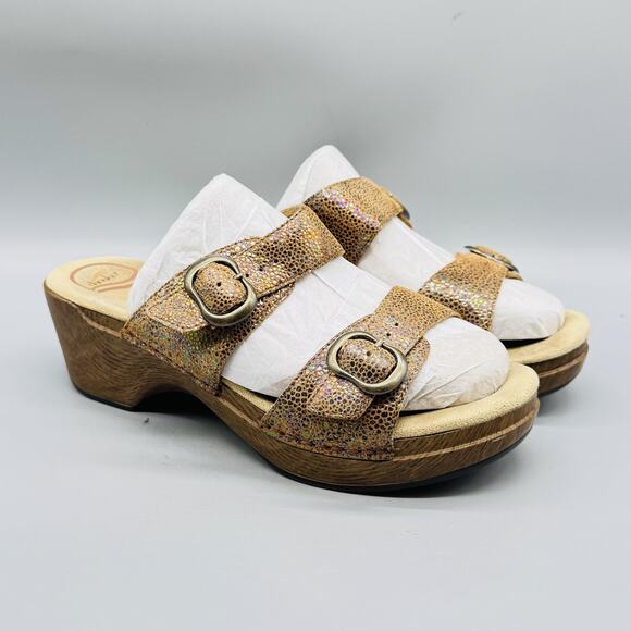 Dansko Sandals Womens 9.5 Gold Sophie Wedge Slide Double Buckle Strap Comfort - Picture 2 of 13